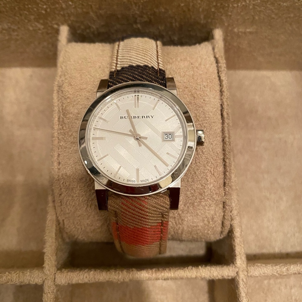 Burberry Men's Watch with Silver Case and Multicolor Strap